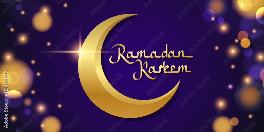 Fototapeta premium Ramadan Kareem banner. Muslim holy month greetings. Gold crescent moon. Hand lettering and blurred bokeh lights. Vector illustration.