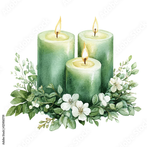 Watercolor candles with greenery and white flowers, a clip art design on a pure white backgroundckground.