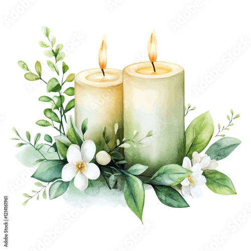 Watercolor candles with greenery and white flowers, a clip art design on a pure white backgroundckground.