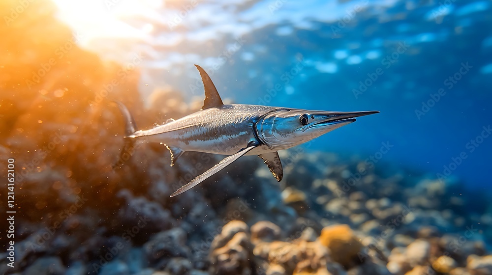 Naklejka premium Oceanic swordfish swims coral reef, sunlit water