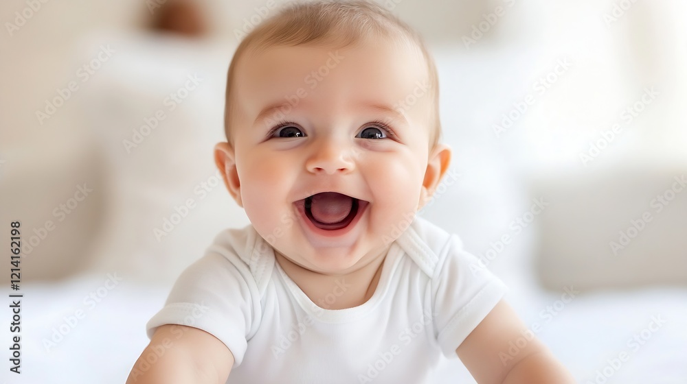 Happy Smiling Baby in White Bodysuit with a Joyful Expression : Generative AI Happy Smiling Baby in White Bodysuit with a Joyful Expression : Generative AI