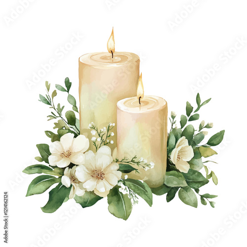 Watercolor candles with greenery and white flowers, a clip art design on a pure white backgroundckground.