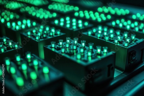 bioluminescent quantum battery cells arranged in hexagonal matrix, pulsing with cyan-green energy in dark futuristic laboratory