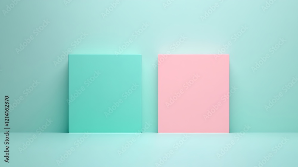 Minimalist Background with Blue and Pink Square Panels on Soft Green Wall for Contemporary Interior Design Minimalist Background with Blue and Pink Square Panels on Soft Green Wall for Contemporary Interior Design