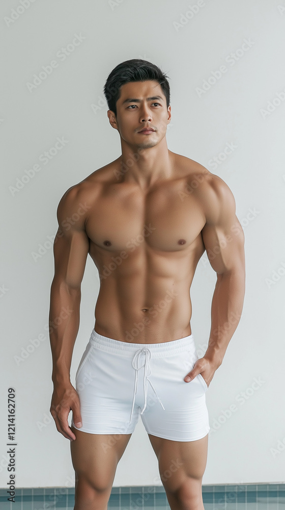 Fototapeta premium The handsome Asian male in white swimming pant