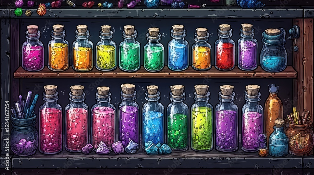 Fototapeta premium Colorful potions shelf, fantasy art, studio, game assets