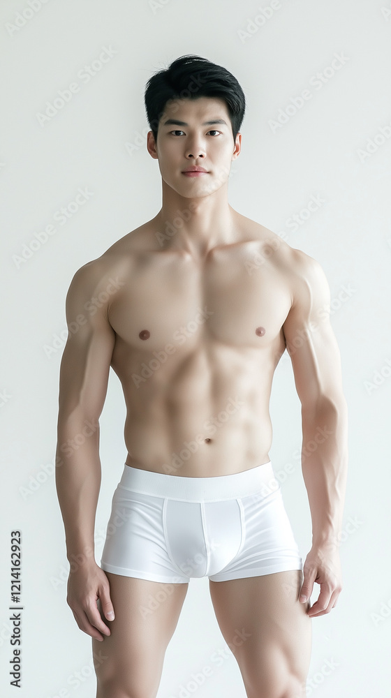Fototapeta premium The handsome Asian male in white swimming pant