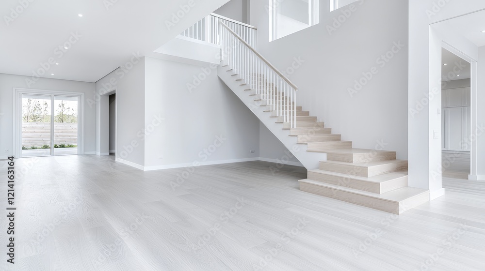 Obraz premium Modern home interior, staircase, wooden floors, bright lighting, empty rooms, real estate