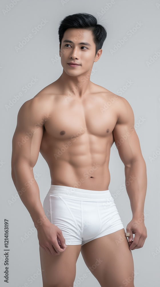 Fototapeta premium The handsome Asian male in white swimming pant