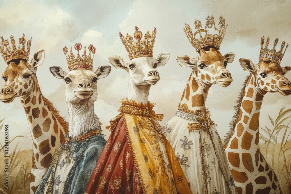Obraz premium Five crowned giraffes in elegant, decorative attire stand.