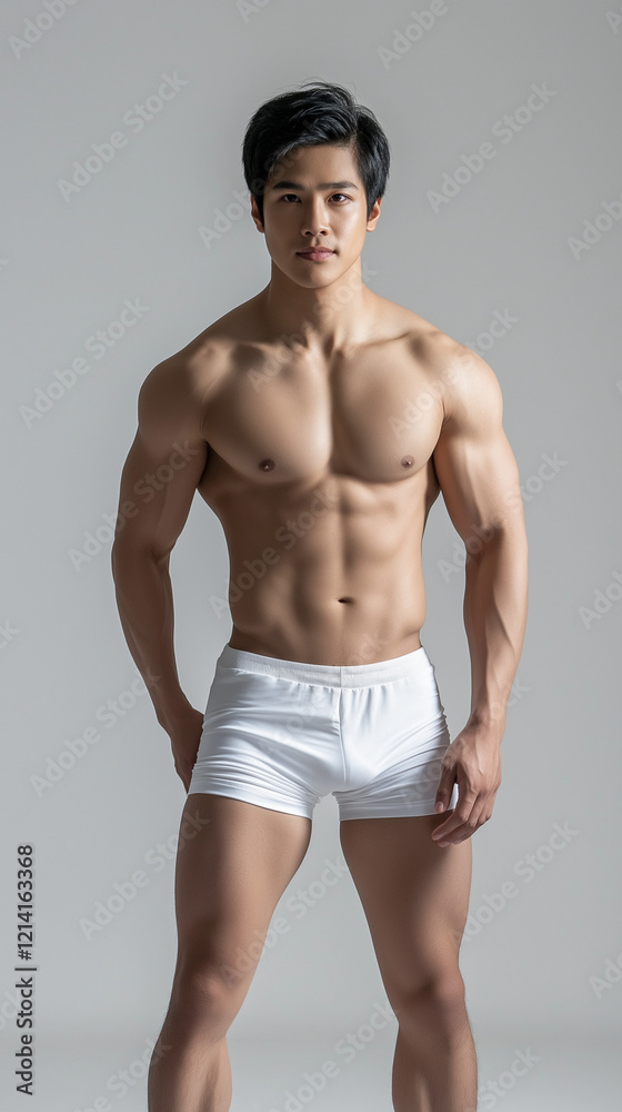 The handsome Asian male in white swimming pant The handsome Asian male in white swimming pant
