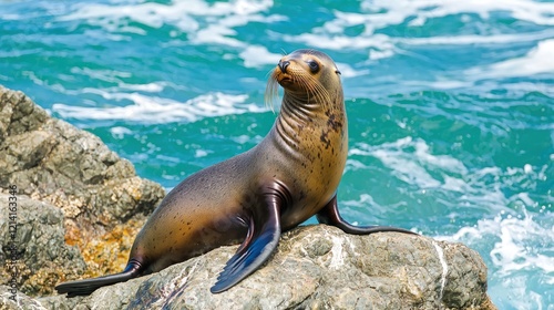 A sea lion basking on rocks by the ocean.
