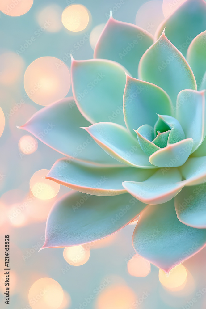 A creative close-up photograph of a succulent leaf with geometric patterns, set against a modern, abstract background with soft bokeh lights enhancing the texture,