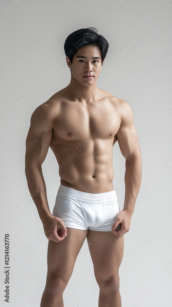 Fototapeta premium The handsome Asian male in white swimming pant