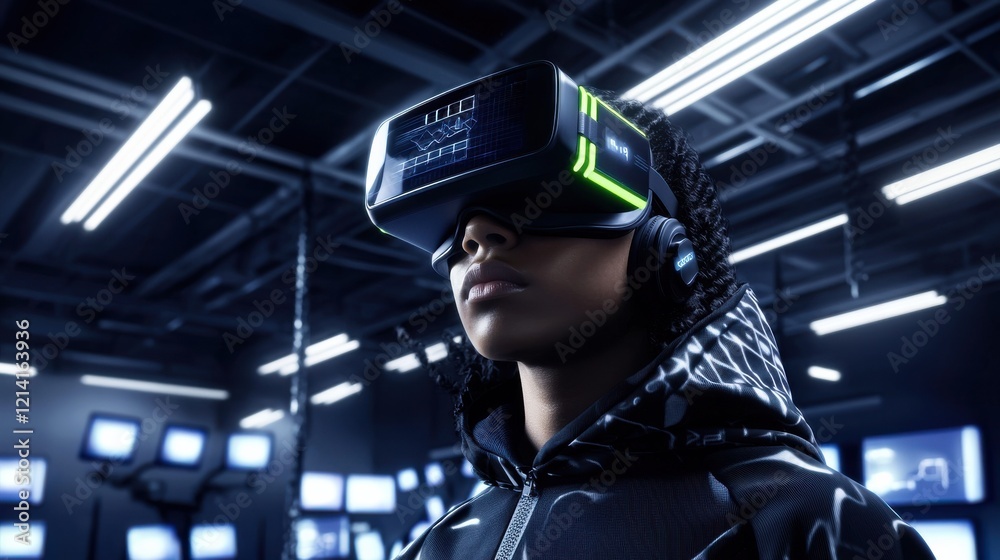 Dynamic techwear fashion showcase virtual reality studio digital display environment immersive experience Dynamic techwear fashion showcase virtual reality studio digital display environment immersive experience
