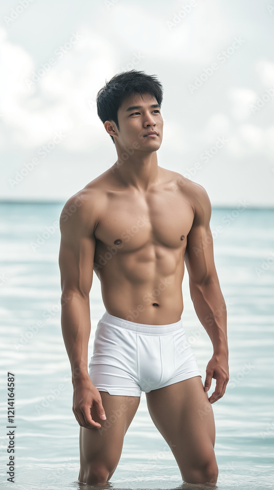 The handsome Asian male in white swimming pant The handsome Asian male in white swimming pant