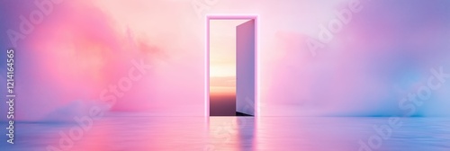 A vibrant door opens, casting warm hues into the fog as the sun sets, creating an enchanting atmosphere
