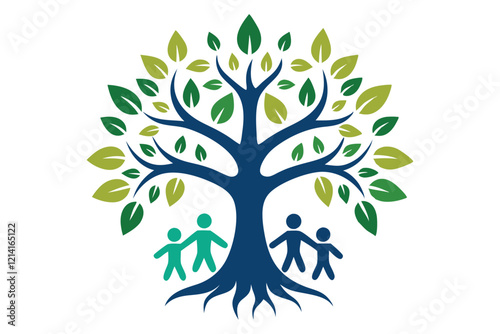 Tree of life, stylized family tree, blue trunk, green leaves, paper cutout figures, circular design, unity symbol, growth icon, abstract family representation, organic shapes, environmental concept, 
