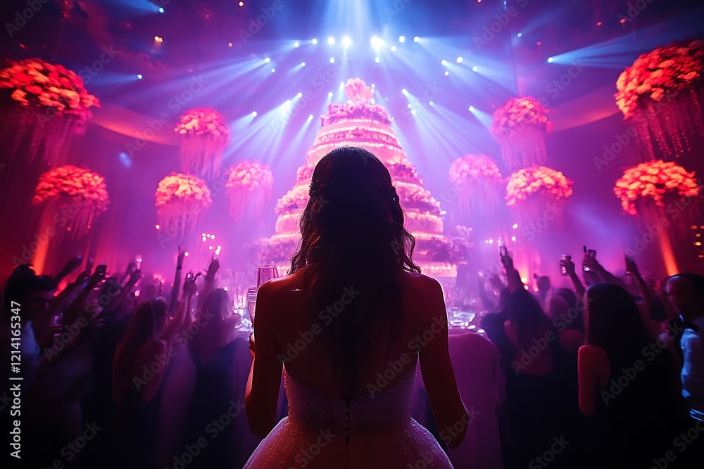 Bride admiring a large wedding cake at a reception. Bride admiring a large wedding cake at a reception.