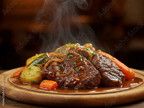 A detailed, high-quality photograph showcasing a traditional Croatian Pašticada dish, captured in a cinematic style with a close-up perspective photo