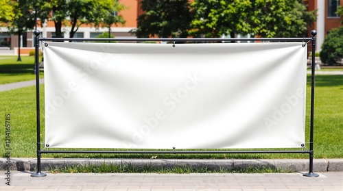 blank sale banner on university lawn for educational advertising, event promotions, and institutional marketing