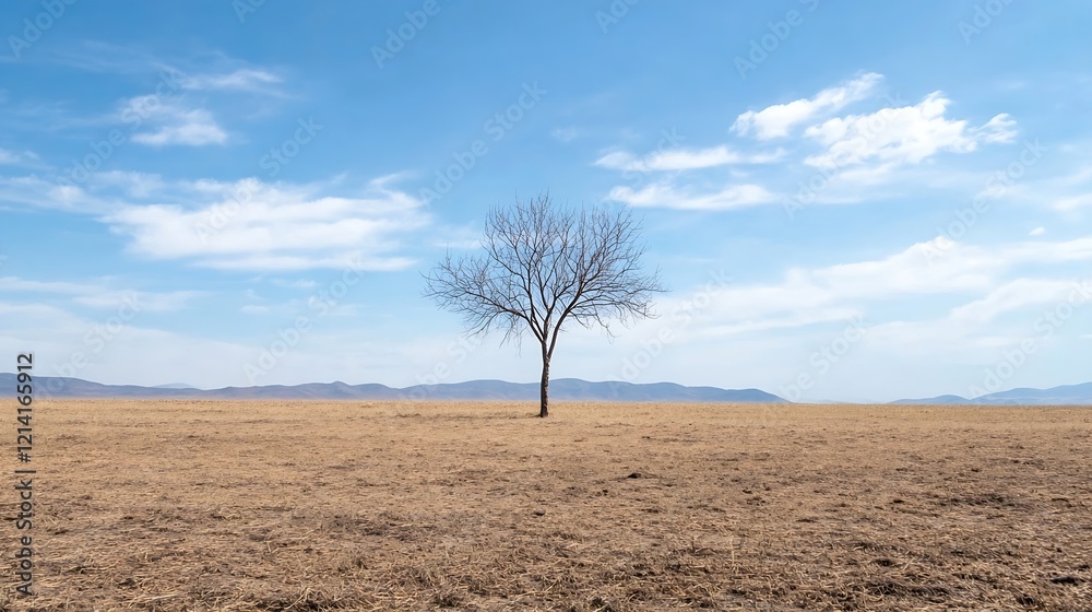 Fototapeta premium Solitary Tree in Vast Barren Landscape Under Clear Blue Sky : Generative AI