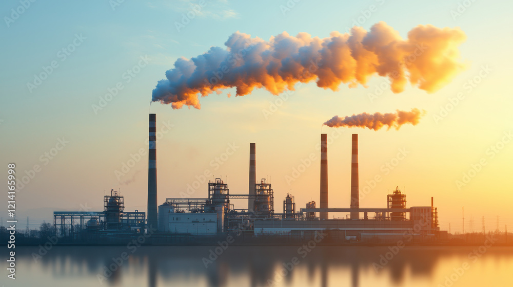 The PM 2.5 Pollution Crisis Themed, Industrial factory with smokestacks emitting smoke at sunset The PM 2.5 Pollution Crisis Themed, Industrial factory with smokestacks emitting smoke at sunset