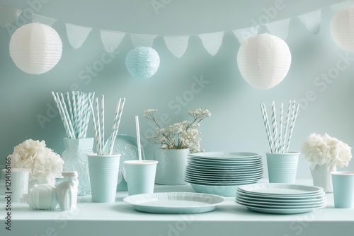 cheerful party setup with pastel blue disposable tableware, striped paper straws, and festive plates arranged in playful patterns with negative space photo