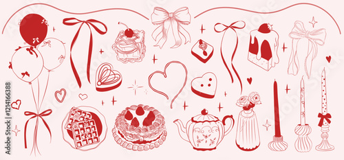 Romantic coquette Valentine’s Day sketch collection  hand-drawn style elements like balloons, bows, hearts, cakes, candles, flowers, and decorative items in red tones perfect for love-themed 