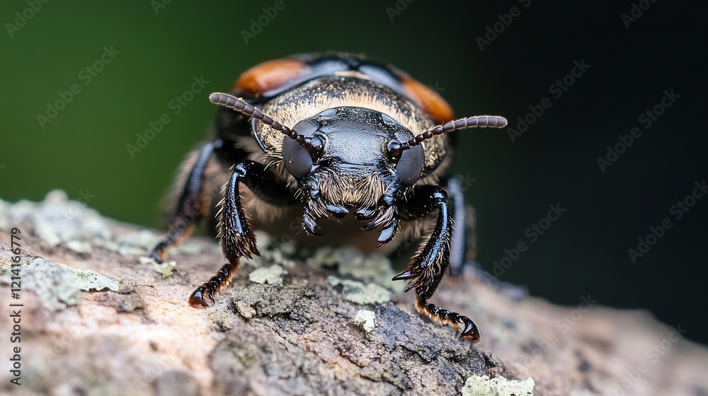 Fototapeta premium CloseUp Shot of a Beetle on Bark Displaying Intricate Texture and Patterns : Generative AI