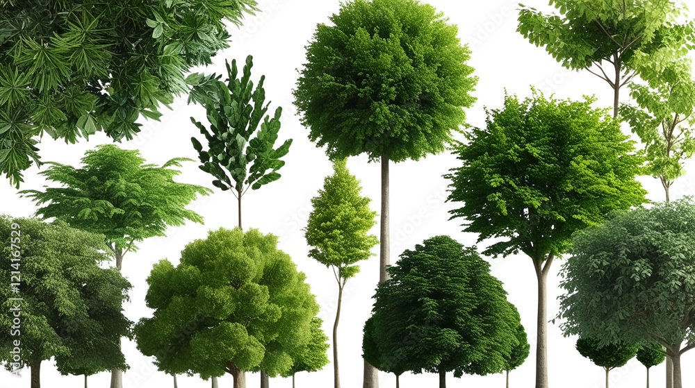 Fototapeta premium a lush green tree line isolated on a white background. The image a variety of trees with different leaf shapes and sizes, creating a dense and natural look.