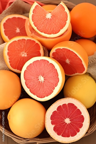 Juicy grapefruits and oranges in a basket.