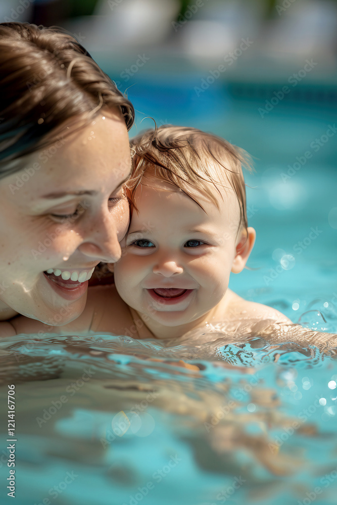 Smiling mother and baby enjoying swimming in the pool