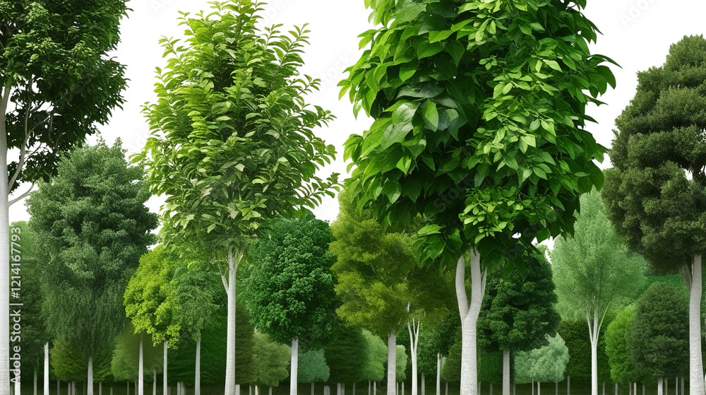 Obraz premium a lush green tree line isolated on a white background. The image a variety of trees with different leaf shapes and sizes, creating a dense and natural look.