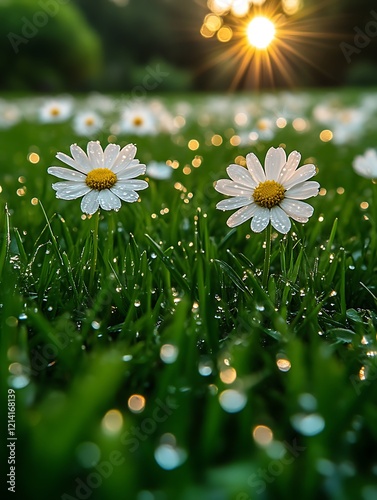 Dew-kissed daisies in morning sunlight.
