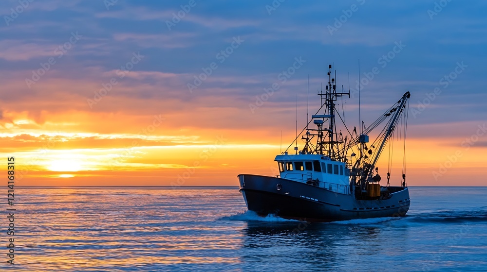 Obraz premium Fishing Boat Navigates Sunset Waters with Vibrant Orange and Blue Sky : Generative AI
