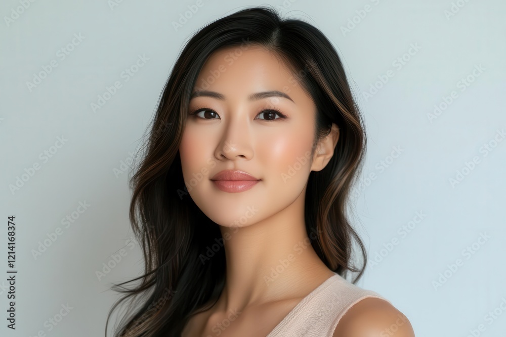 close-up beauty portrait of asian woman with dewy glass skin, minimal makeup, and sleek wet-look hair against pearl white background close-up beauty portrait of asian woman with dewy glass skin, minimal makeup, and sleek wet-look hair against pearl white background