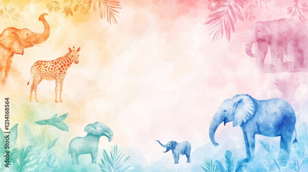 Obraz premium Watercolor animals and tropical leaves on painted background.