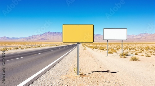 road sign for directional signage, travel promotions, and desert business ads photo