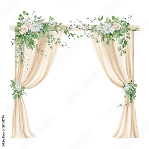 Watercolor wedding arch with greenery and flowers, beige curtains, isolated on a white background