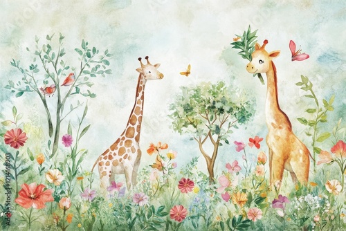 Wallpaper Mural Giraffes, bird, butterfly in a painted floral garden. Torontodigital.ca