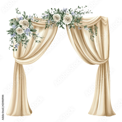 Watercolor wedding arch with greenery and flowers, beige curtains, isolated on a white background