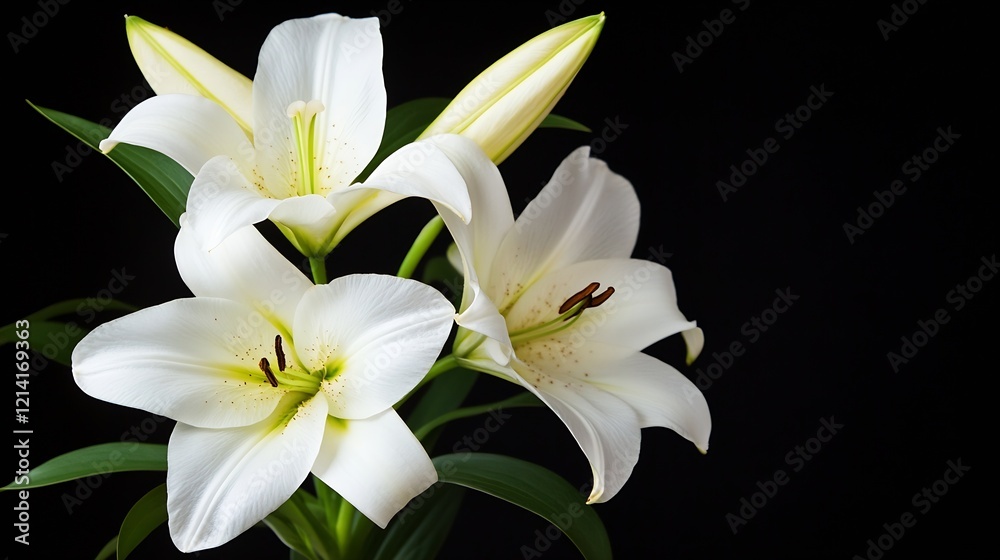 Obraz premium Elegant White Lilies in Full Bloom on a Dark Background Displaying Purity and Grace : Generative AI