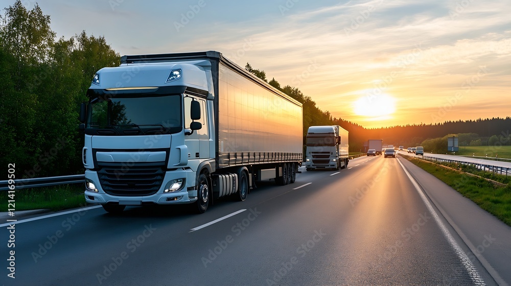 Heavy Duty Trucks Driving Down the Highway at Sunset with Scenic Landscape : Generative AI