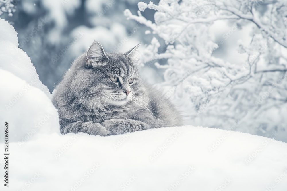 Gray cat lounges in fresh snow surrounded by winter scenery