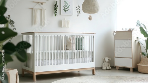 Minimalist nursery design with wooden crib and decor for a serene babyfriendly environment : Generative AI photo