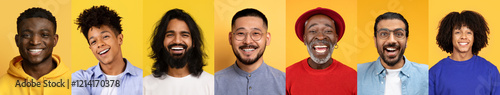 A collection of cheerful people of diverse backgrounds display bright smiles in a set against a vivid yellow background. Each person showcases their unique style and positive energy.