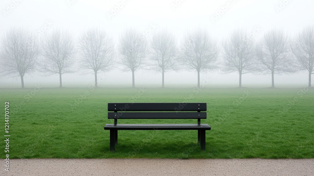 The PM 2.5 Pollution Crisis Themed, park bench in foggy city park surrounded by trees creates serene atmosphere The PM 2.5 Pollution Crisis Themed, park bench in foggy city park surrounded by trees creates serene atmosphere