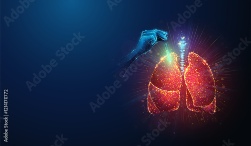 Abstract illustration of low poly doctor hand applying antibiotics to cure red human lungs made of neon particles. Blue geometric background depicting respiratory system healthcare medical concept