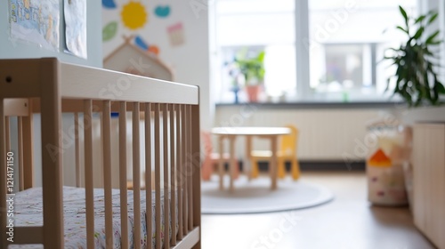 Modern Nursery Interior with Wooden Furniture and Natural Light Creating a Warm Environment : Generative AI